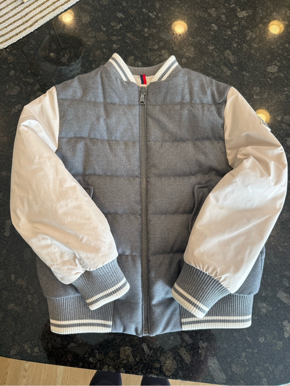 Moncler Gray Wool-Blend Puffer Jacket with Cream Sleeves